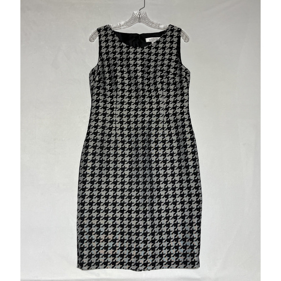 Kasper Sheath Dress Womens 8 Black Grey Houndstooth Midi Stretch Office - Picture 1 of 13